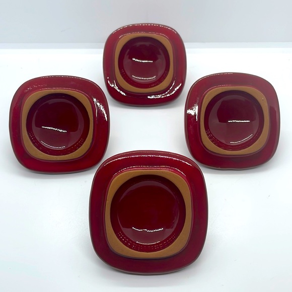 Pottery Barn Ceramic Condiment Dish, with Lids. Deep red, with brown accents. - Picture 8 of 8